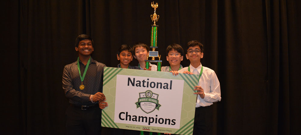 River Trail Middle School’s A team with their first-place trophy from the 2024 Middle School National Championship Tournament